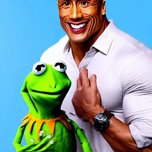 Image similar to a date romantic between dwayne johnson and kermit the frog