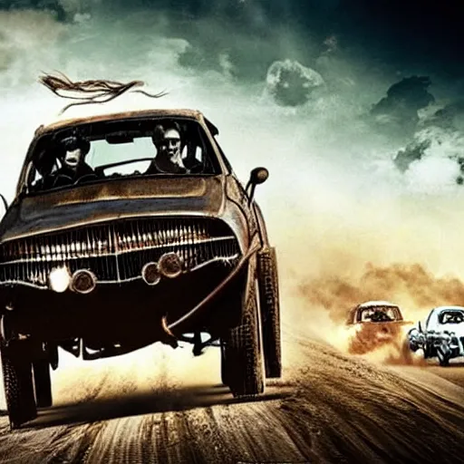 Image similar to mad max style, a car driving in street