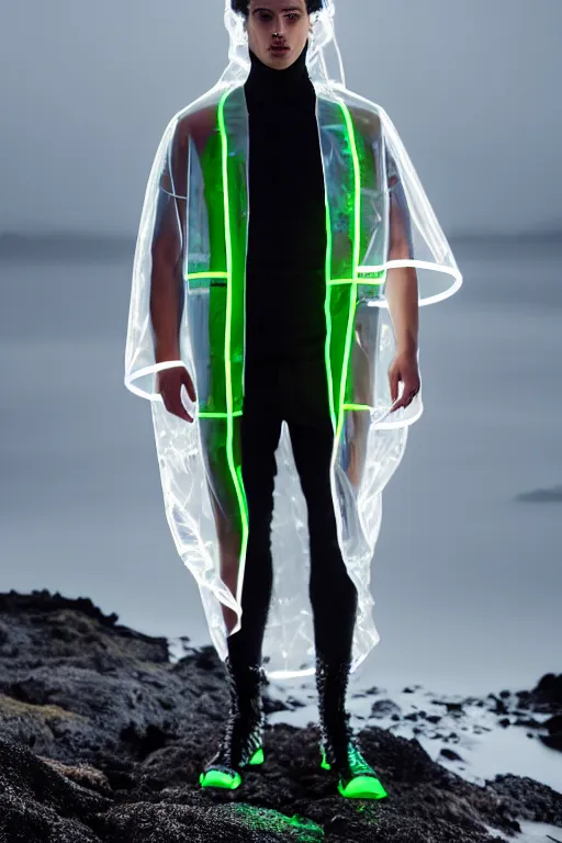 Image similar to an ultra high definition professional high fashion portrait studio full length photograph of a male model wearing a transparent pearlescent raincoat and neon visor in an icelandic black rock environment at dawn. no artefacts. extremely detailed. stark. refraction. shallow depth of field. volumetric light and shadow. ray tracing. light rays.