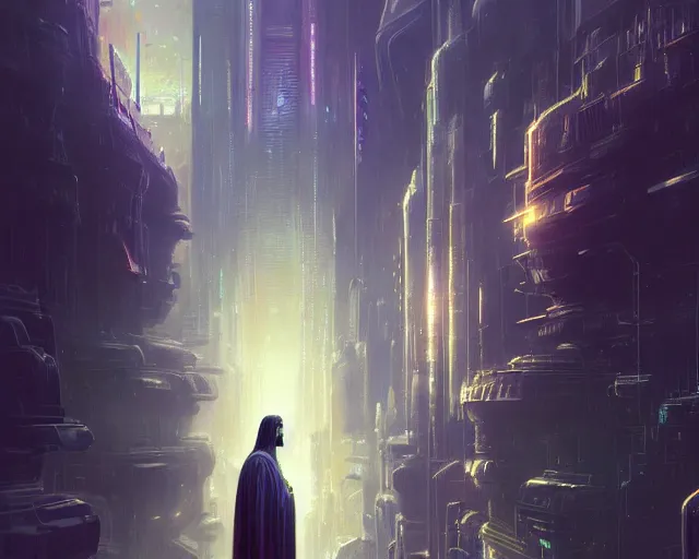 Image similar to jesus christ in futuristic city, detailed intricate illustration, dark atmosphere, detailed illustration, hd, 4 k, digital art, overdetailed art, by greg rutkowski, by loish, complementing colors, trending on artstation, deviantart