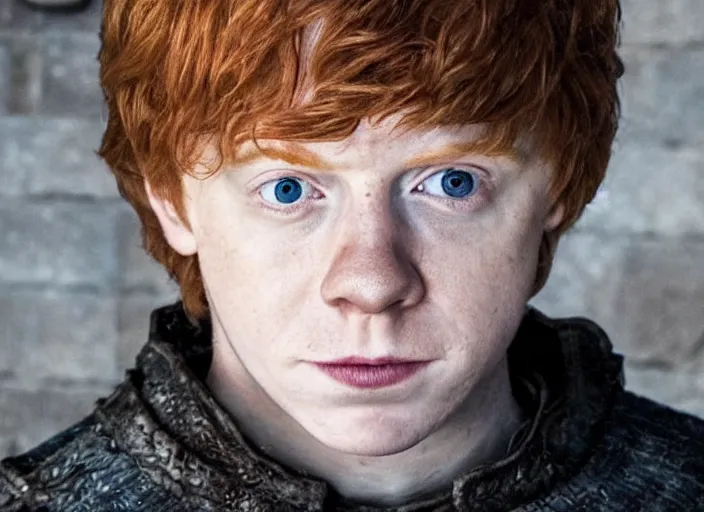 Image similar to handsome ron weasley in game of thrones, attractive rupert grint in game of thrones, handsome portrait of the actor, live action film, cinematic photo, clear hd image
