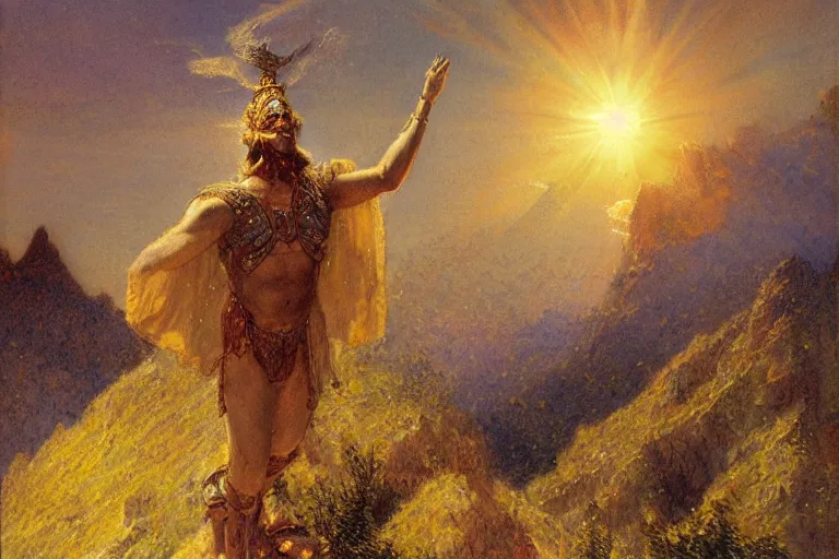 Prompt: illustration of a mythical hero standing at the top of a mountain lifting the sun over his head, holding it up to shine over the world. art by gaston bussiere.