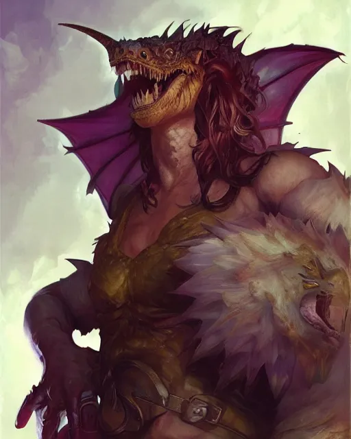 Image similar to '' Portrait of a (mostly human) weredragon character, league of legends, LOL, fantasy, d&d, digital painting, artstation, concept art, sharp focus, illustration, art by greg rutkowski and alphonse mucha ''