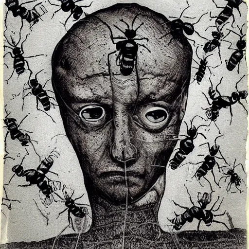 Prompt: man made of ants, ink on paper, pulp magazine