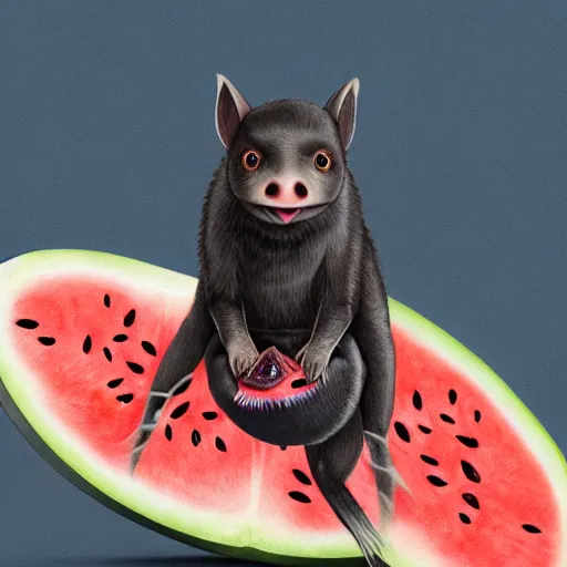Image similar to cute kawaii realistic fruit bat eats a watermelon piece, digital art, high quality, illustration, art, detailed, 3 d render, by sydney hanson, sticker,