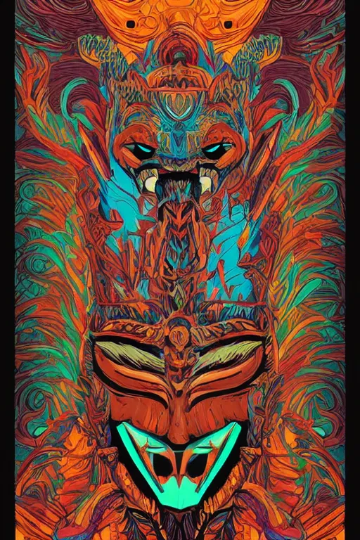 Image similar to animal mask totem roots flower tribal feather gemstone plant wood rock shaman vodoo video game vector cutout illustration vivid multicolor borderlands comics by josan gonzales and dan mumford radiating a glowing aura