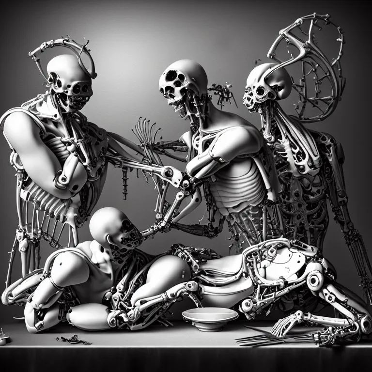 Image similar to still life of two biomechanical cyborg male lovers laying on a table, pastel flowers on a table, surreal alien ribbed pastel fruit, white human spine, baroque painting, beautiful detailed intricate insanely detailed octane render trending on Artstation, 8K artistic photography, photorealistic, chiaroscuro, Raphael, Caravaggio beautiful BW monochrome