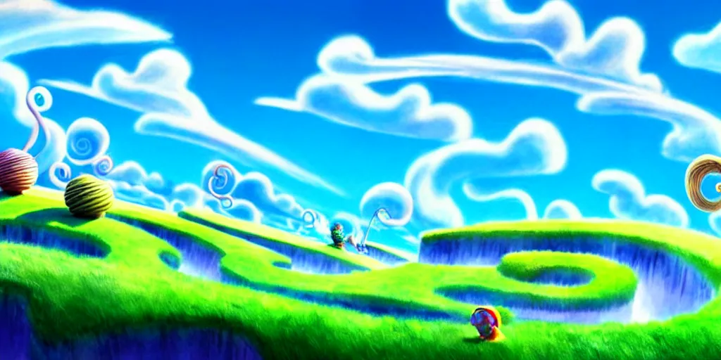 Image similar to cartoon concept art, clean blue sky, spiral clouds, from lorax movie