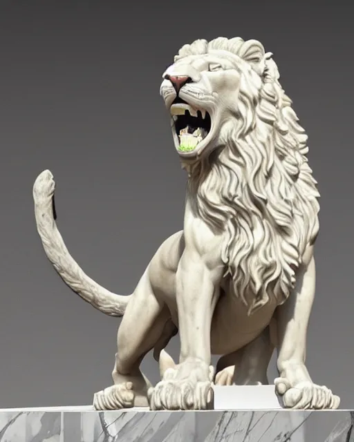 Image similar to a marble statue of a roaring lion, hyper realistic, 4 k, grainy marble, hyper detailed