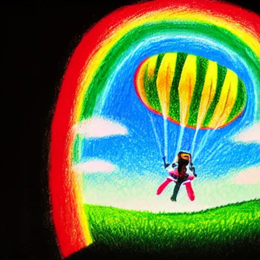 Image similar to crayon illustration of skydiver falling through rainbow, with soft puffy clouds beneath her sprawling over a green valley