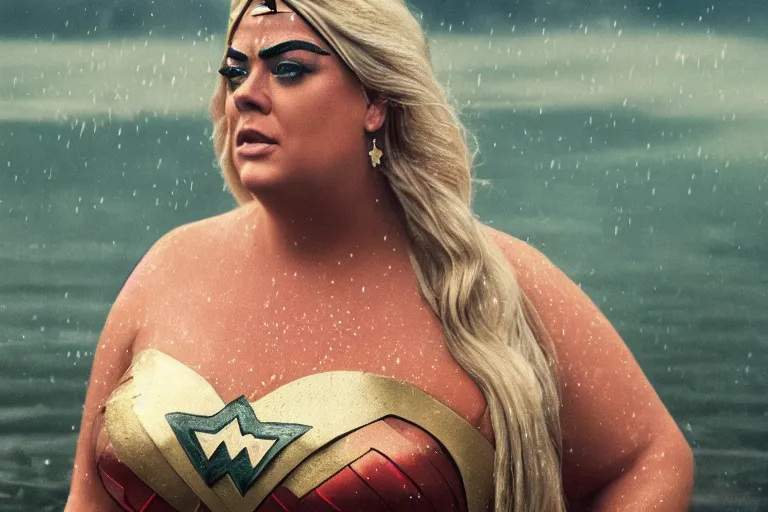 Image similar to a cinematic painting of gemma collins as wonderwoman near a lake on a rainy day, beautiful lighting, high depth, ultra realistic, artistic, by annie leibovitz