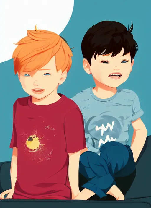 Image similar to two little boys sitting on a couch. a little blonde boy and a little ginger boy. clean cel shaded vector art. shutterstock. behance hd by lois van baarle, artgerm, helen huang, by makoto shinkai and ilya kuvshinov, rossdraws, illustration, art by ilya kuvshinov