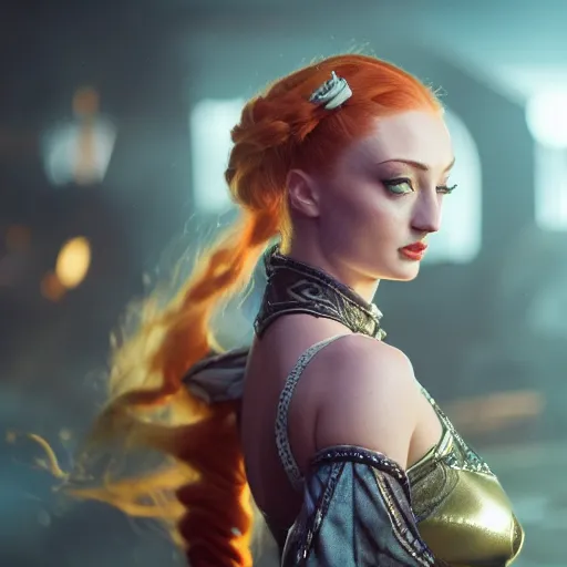 Image similar to Sophie turner as Miss Fortune in League of Legends, 4K, cinema, imax, hyperreal, full body shot, perfectly perfect details