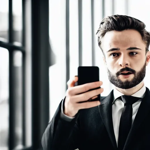 Image similar to man in a black suit, holding a very advance phone, photorealistic, realistic, dramatic, cinematic, cinematic, photography