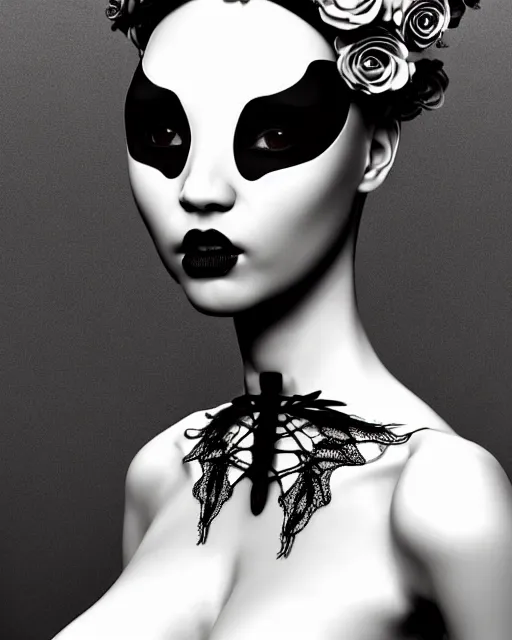 Image similar to dreamy surreal poetic black and white 3D render of a beautiful young porcelain female-creature-cyborg-vegetal with a very long neck and a super big gothic lace collar filled with dead flies and a very high big floral crown with many black dry roses:: smoke, high fashion, haute couture, rococo, avant-garde, elegant, dreamy, hyper realistic, 150 mm lens, avatar Second Life, Anouk A., soft rim light, octane render, unreal engine, volumetric lighting, dramatic light,8k,