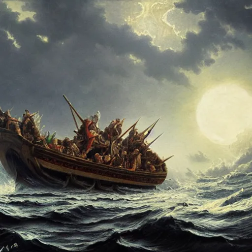 Image similar to breathtaking detailed concept art painting of noah's ark sailing across the flooded earth, sun half covered by dark clouds