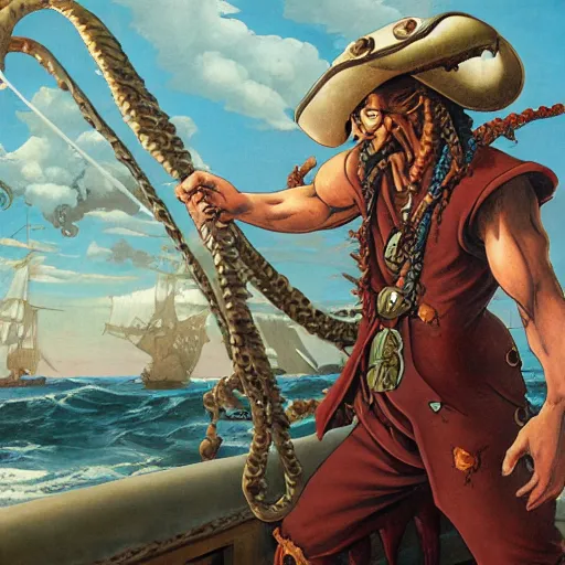 Image similar to a Lovecraftian pirate captain, detailed masterpiece realistic painting by Michelangelo, Moebius, Frank Frazetta, Hayao Miyazaki, Capcom, SNK, Studio Ghibli, Studio Trigger