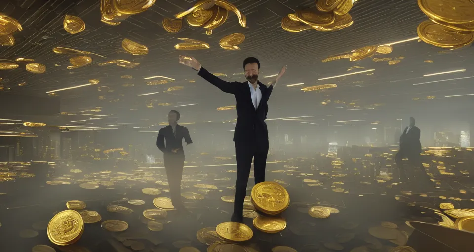 Image similar to Dramatic photo of a CEO waving to a large group of his coworkers in a futuristic office. Golden coins are levitating all around them. 8k, high detail, trending on Artstation, volumetric lighting, cyberpunk