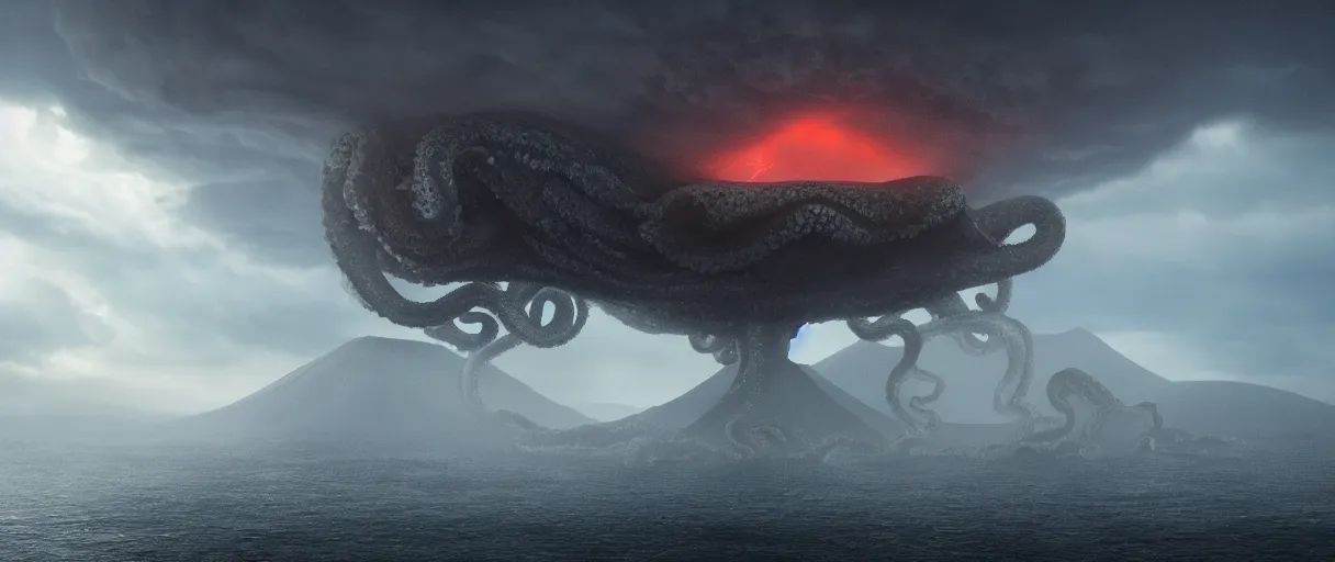 Image similar to a giant octopus god floating over a rain forest, lightning, ambient sun, a volcano erupts, still from the movie the arrival, 8k