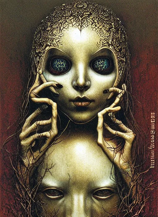 Prompt: girl in detailed ornamental mask by Beksinski and Luis Royo