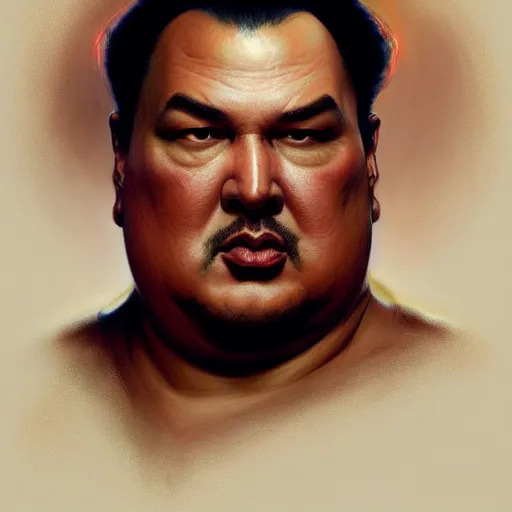 Image similar to Obese Steven Seagal, fantasy, intricate, elegant, highly detailed, digital painting, artstation, concept art, matte, sharp focus, illustration, art by Artgerm and Greg Rutkowski and Alphonse Mucha