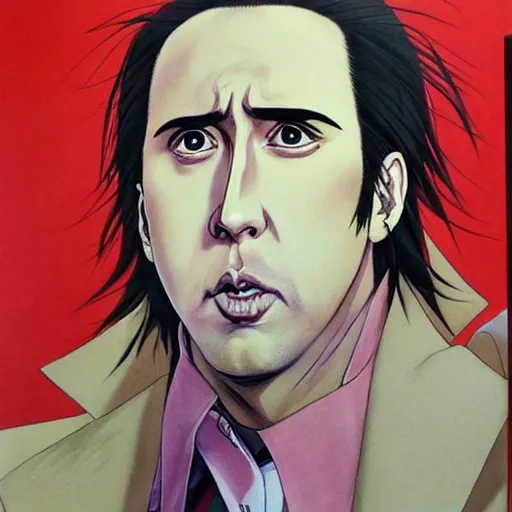 Prompt: beautiful amazing anime portrait painting of nicholas cage in tokyo. by koyoharu gotouge, kohei horikoshi, tatsuya endo, satoshi kon