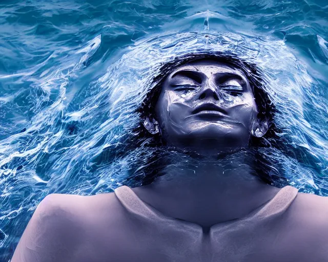 Image similar to water art manipulation of a surreal human head with open eyes burried in the ocean, shot from the top, hyper realistic, ray tracing, realistic water, sharp focus, 8 k resolution, cinematic