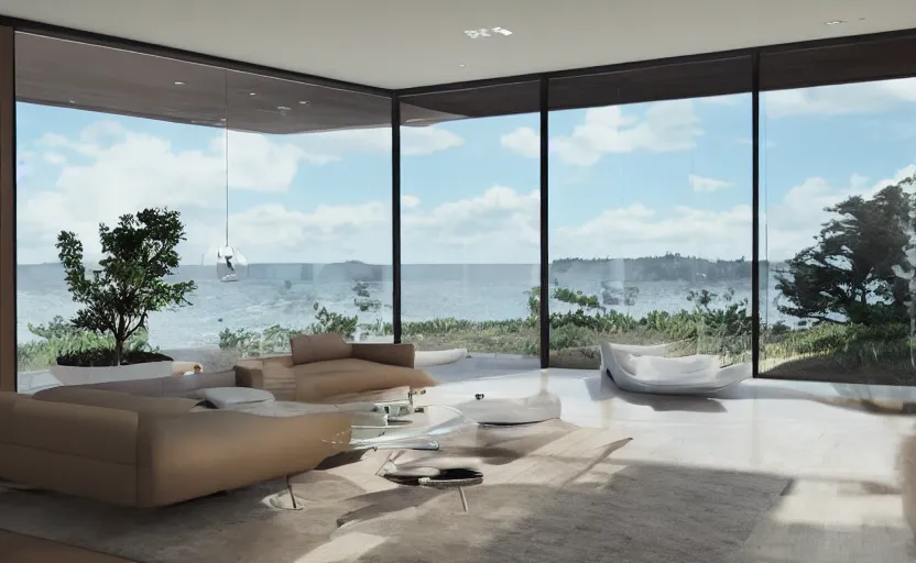 Image similar to a interior photo of a furnished modern house with a large window with view to the sea at sunset, octane render, unreal engine 5, godrays, ray tracing, hyperrealistic, full of luxury furniture, calm, relaxing, complementary colors, warm lighting, clouds in the sky, concept art, 4k, high quality, highly detailed, trending on DeviantArt, beautiful