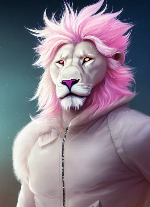 Image similar to aesthetic portrait commission of a of a male fully furry muscular anthro albino lion with a tail and a beautiful attractive hyperdetailed face wearing stylish and creative unkempt black and pink wired clothes in a sci-fi dystopian city at golden hour while it storms in the background. Character design by charlie bowater, ross tran, artgerm, and makoto shinkai, detailed, inked, western comic book art, 2021 award winning painting