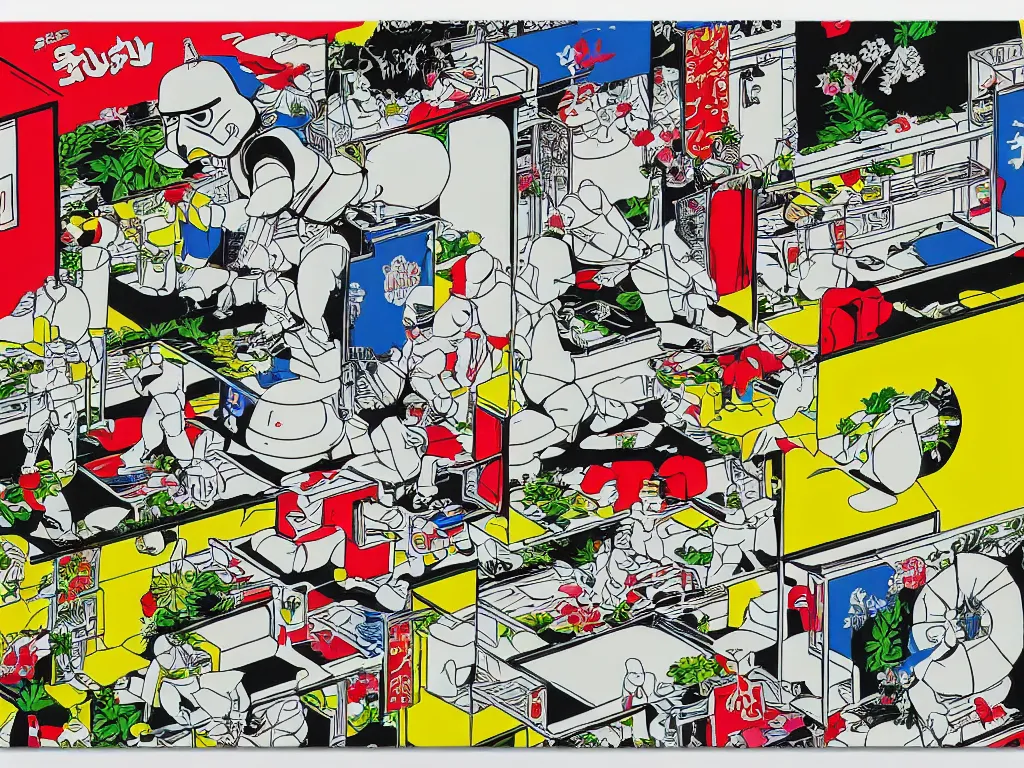 Image similar to detailed close - up image of the japanese home with a garden, stormtrooper in hot springs, pop - art style, jacky tsai style, andy warhol style, roy lichtenstein style, rich palette, acrylic on canvas