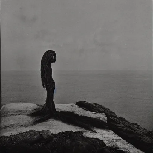 Image similar to A beautiful installation art of a human-like creature with long, stringy hair. The figure has no eyes, only a mouth with long, sharp teeth. The creature is standing on a cliff overlooking a dark, foreboding sea. by Walter Percy Day, by Norman Ackroyd balmy