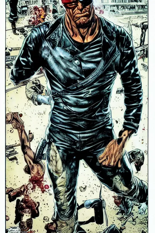 Image similar to ultra violent comic book cover of a contract killer named cobalt. he wear a brown leather jacket and a white shirt. he has a prominent scar up the side of his face. art by glenn fabry.