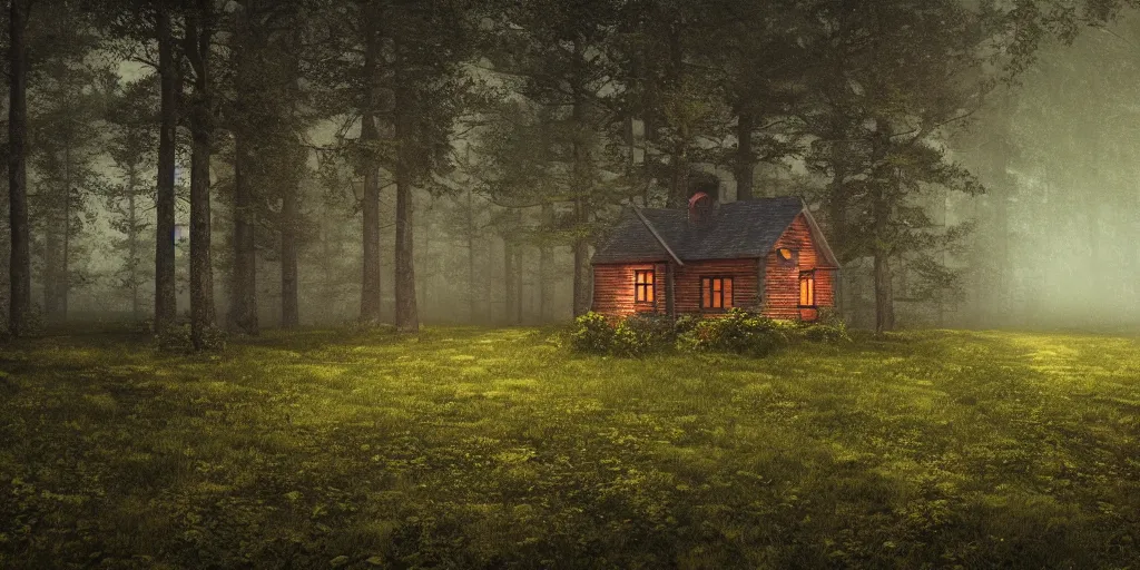 Prompt: solitary cottage in the woods and empty woods, 8k, fantasy, hyper realistic, atmospheric lighting
