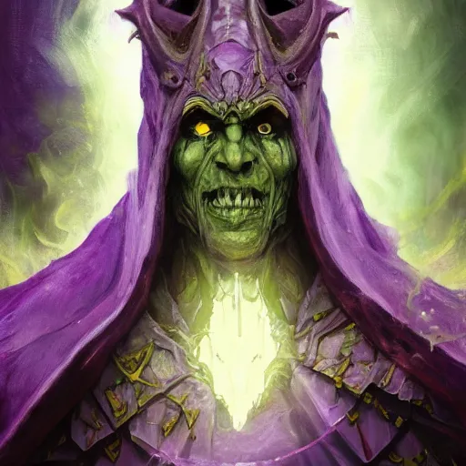 Image similar to portrait of hulking herculean ainz ooal gown undead lich, from overlord, warlock purple robes, magical electricity, upper body, fantasy, intricate, elegant, highly detailed, digital painting, artstation, concept art, sharp focus, illustration, art by artgerm and greg rutkowski and alphonse mucha