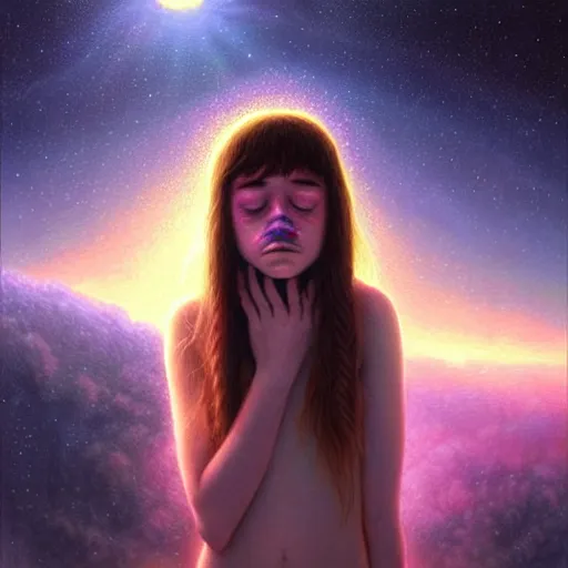 Prompt: a photorealistic detailed cinematic image of a depressed stoner girl thinking about the afterlife void. emotional, compelling, by pinterest, david a. hardy, kinkade, lisa frank, artgerm, range murata, wpa, public works mural, socialist