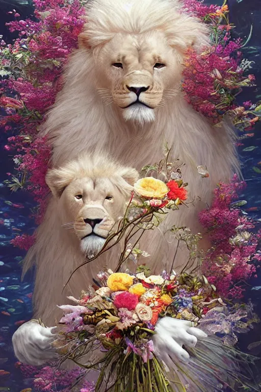 Prompt: portrait of a beautiful mysterious albino male furry anthro lion holding a bouquet of flowing flowers, mane flowing upwards, small bubbles surrounding him, hands hidden under the bouquet, submerged underwater filled with colorful small fish and coral reef, fantasy, regal, intricate, by stanley artgerm lau, greg rutkowski, thomas kindkade, alphonse mucha, loish, norman rockwell