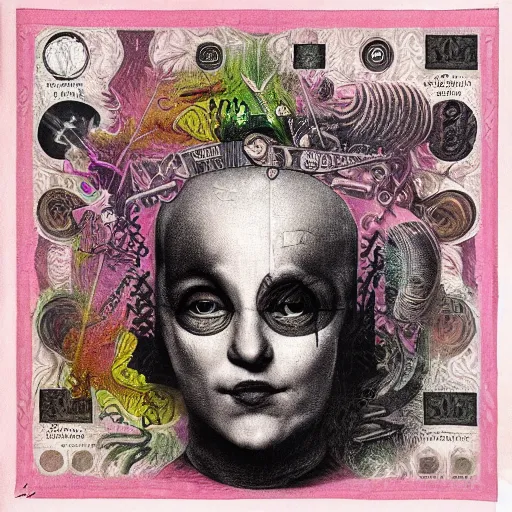 Image similar to post - punk new age album cover, asymmetrical design, frame of a dollar bank notes, capitalism, magic, apocalypse, psychedelic, black white pink, magic, giger h. r., giuseppe arcimboldo