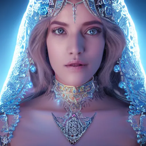 Image similar to portrait of wonderful princess of diamond with fair skin, ornate with diamonds, 8 k, gorgeous, intricate, detailed, glowing white accent lighting, dramatic lighting, octane render