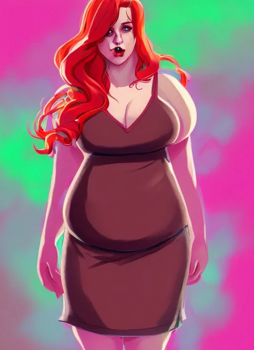 Image similar to full body portrait of teenage cheryl blossom, obese, bangs, green eyes, sultry, realistic, red hair, sultry smirk, wavy hair, pink skirt, fat, intricate, elegant, glowing lights, highly detailed, digital painting, artstation, concept art, smooth, sharp focus, illustration, art by wlop, mars ravelo and greg rutkowski