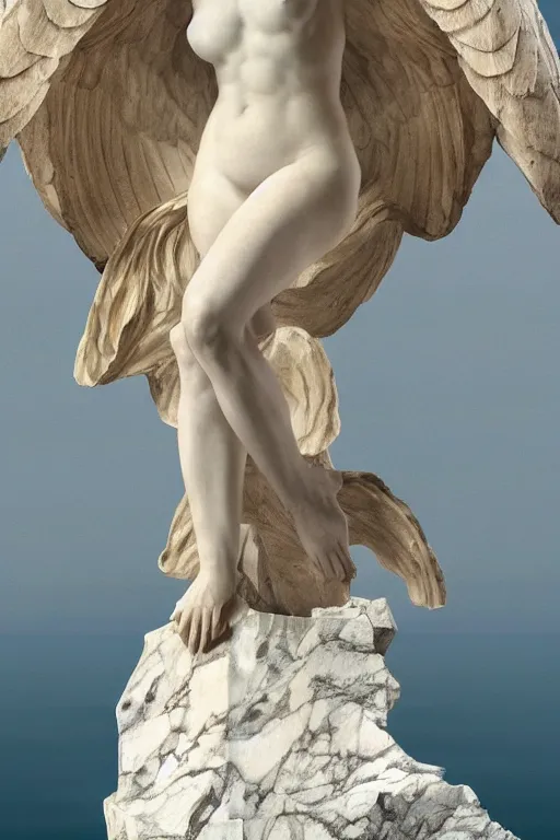 Image similar to Marble Sculpture of The Winged Victory at Samothrace rising out of the sea in a clam shell, photorealistic, volumetric lighting, inspired by The Birth of Venus by Sandro Botticelli, trending on artstation.