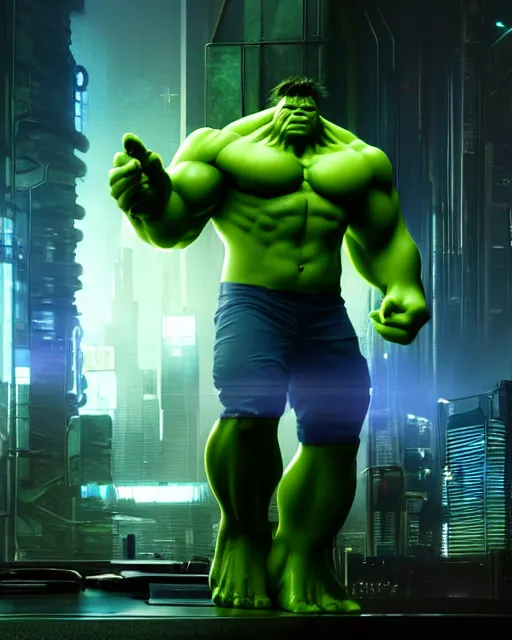 Image similar to cyberpunk sci - fi scene of the hulk using a computer interface, artstation, matt painting, very detailed, maximalism, ambient occlusion, volumetric light, atmospheric haze, unreal engine, hyper realism, realistic shading, cinematic composition, realistic render, octane render, detailed textures, photorealistic, wide shot