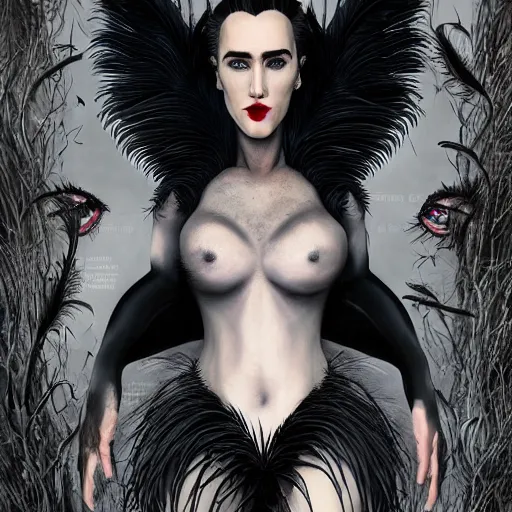 Image similar to jennifer connelly as odile the black swan, gray skin, disney villain, black feathers instead of hair, black feathers growing out of skin, losing control, black feathers growing out of face, black hands with black claws, gothic, highly detailed, comic book cover, mike mignogna, david mack, trending on artstation