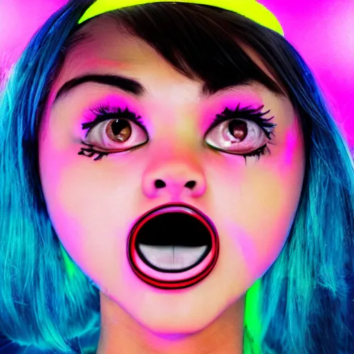 Image similar to beautiful Girl with a bandana, big mouth, big eyes, short black hair, in a neon style, close up