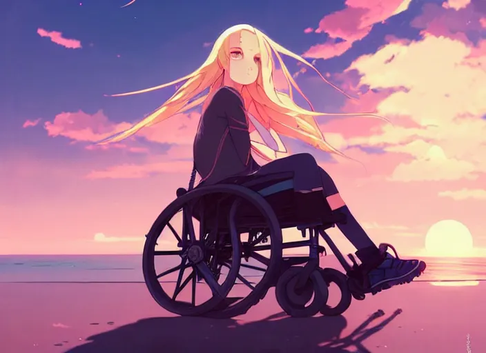 Prompt: portrait of cute girl, sunset sky in background, beach landscape, illustration concept art anime key visual trending pixiv fanbox by wlop and greg rutkowski and makoto shinkai and studio ghibli and kyoto animation, futuristic wheelchair, symmetrical facial features, future clothing, backlit