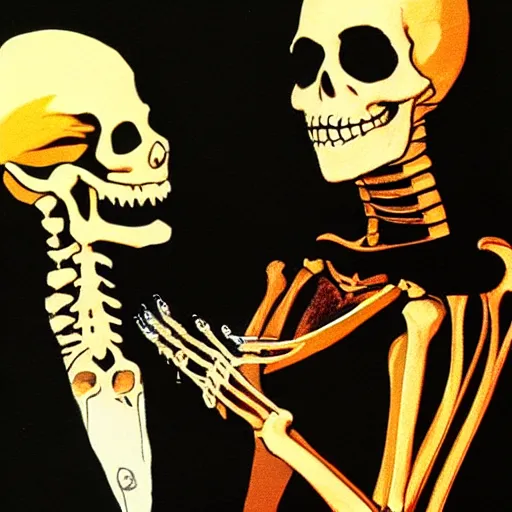 Image similar to a skeleton in a black suit tuxedo, talking to a beautiful woman in a low cut blouse and a miniskirt, Black light velvet painting by Basil Gogos and Robert McGinnis