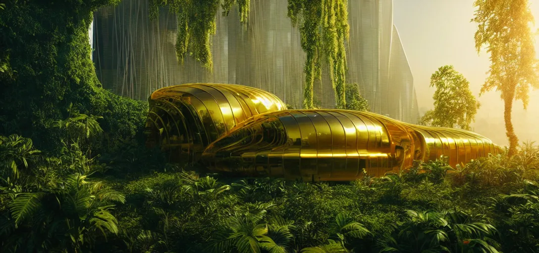 Image similar to futuristic shinny golden building in an jungle landscape of a biopunk city by taras shevchenko and wlop, movie poster, golden ratio, evening lighting, film still, realistic, octane render redshift arnold materials unreal engine, 8 k post production, hyper detailed