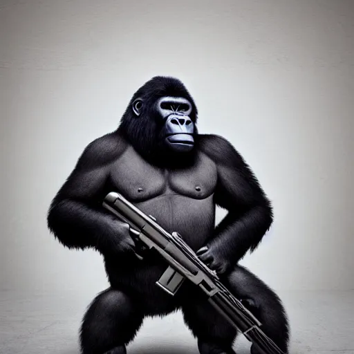 Prompt: silverback gorilla holding an AK-47