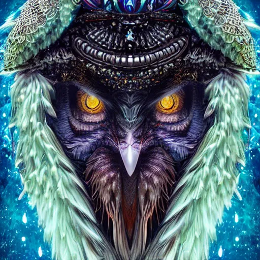 Image similar to detailed portrait of a alien magical owl, wearing a diamond crown, glowing feathers, halfway through, hyper detailed, stylistic, symmetrical, ethereal bohemian, detailed render, hdr, octane render