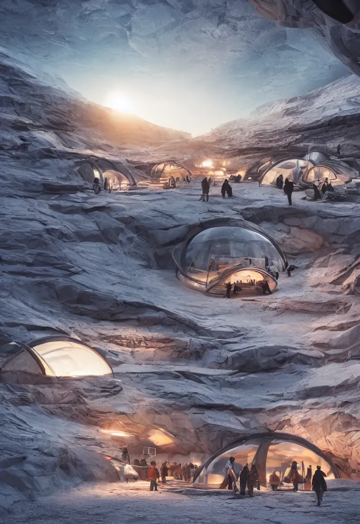 Image similar to big underground city in antartica with a transparent roof that shows a beautiful sunset, multiple people in the tunnels around campfires and futuristic igloos, facinating, fantasy digital art, octane render, beautiful composition, trending on artstation, award-winning photograph, masterpiece