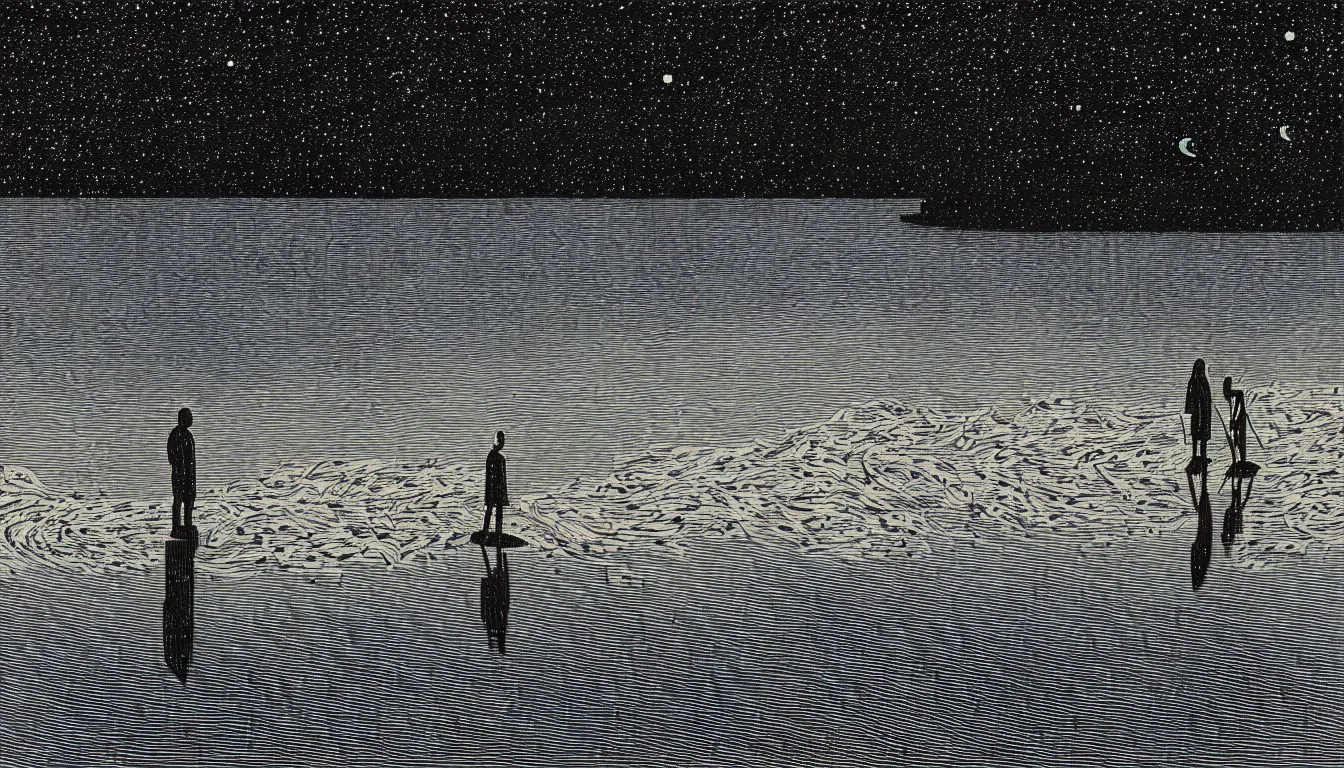 Image similar to standing in a lake looking at reflection of the night sky by woodblock print, nicolas delort, moebius, victo ngai, josan gonzalez, kilian eng